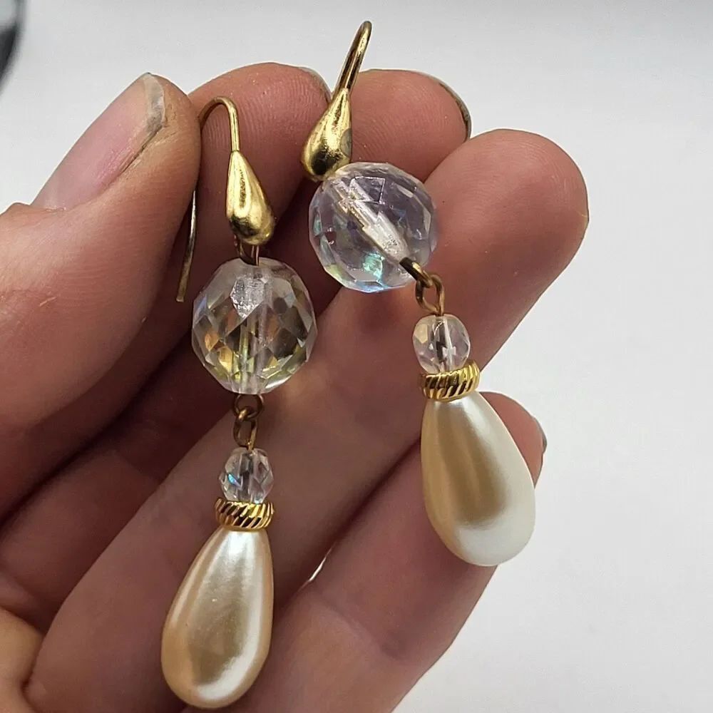 VINTAGE FAUX PEARL AB Crystal 2.25" DANGLE PIERCED EARRINGS 14k goldfill
